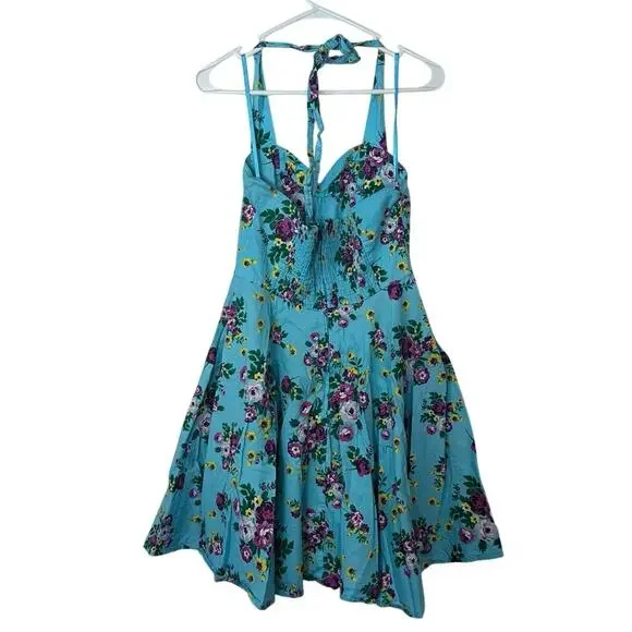 Hell Bunny Vixen Turquoise Floral Halter Dress Size M Pinup Flowy Vacation - Picture 3 of 8